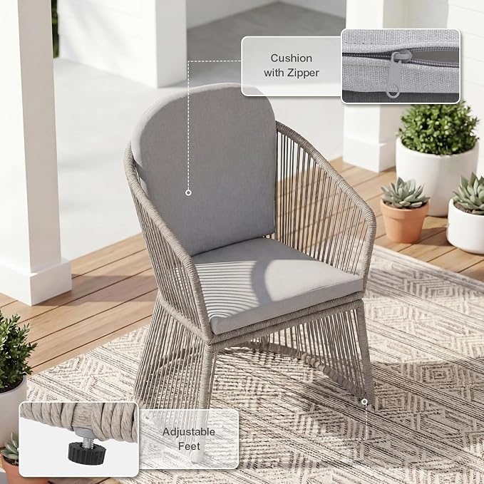 SUNSITT 7 Piece Outdoor Patio Dining Set, Patio Dining Furniture Set with 76” Aluminum Dining Table w/Umbrella Hole and 6 Woven Wicker Outdoor Patio Chairs w/Curved Armrest for Garden, Light Grey