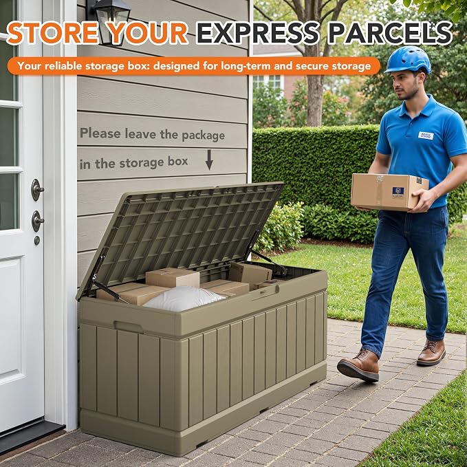 78 Gallon Deck Box Outdoor Indoor Waterproof Storage Box for Patio Furniture, Pool Accessories, Garden Tools, and Cushion Storage, Coffee