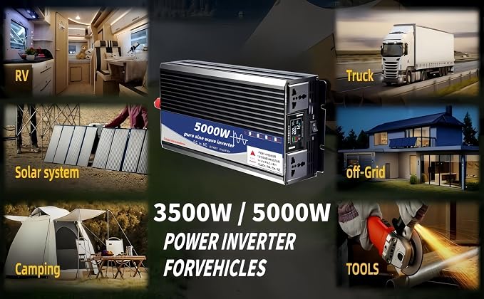 5000W Power Inverter 72V DC to 110V AC Converter with LED Display Dual AC Outlets Dual Fans Radiating for RV, Camp, Boat and Home Emergency Portable Pure Sine Wave Inverter (Smart Screen, 5000W 72V)