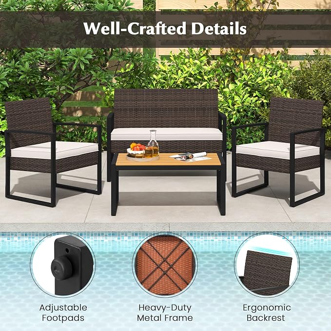 Tangkula 8 Pieces Patio Furniture Set, Outdoor Rattan Conversation Set w/Cushioned Chairs & Wood Plastic Coffee Table, Wicker Sectional Seating Furniture for Backyard, Poolside, Porch (Off White,2)