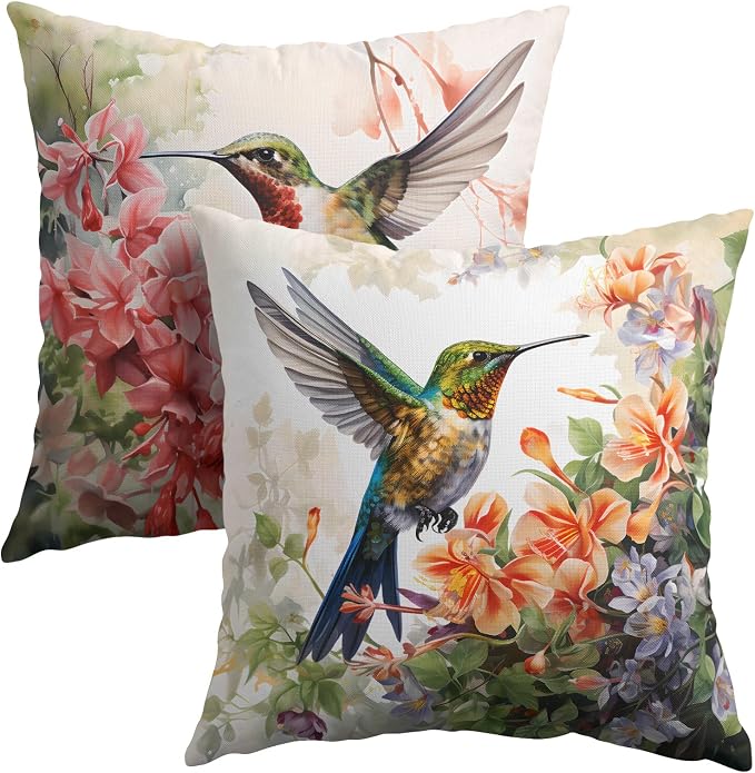 Watercolor Bird Throw Pillow Covers - Spring Hummingbird Outdoor Pillow Covers 20x20 Inch Summer Tropical Flowers Cushion Cases Set of 2 Pillowcase for Patio Furniture Bed, PCYMHumming1L