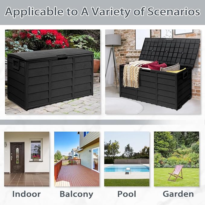 SUNCROWN 75 Gallon Deck Storage Box Resin Outdoor Storage Container with Handles for Patio Garden Yard Porch Poolside, Black