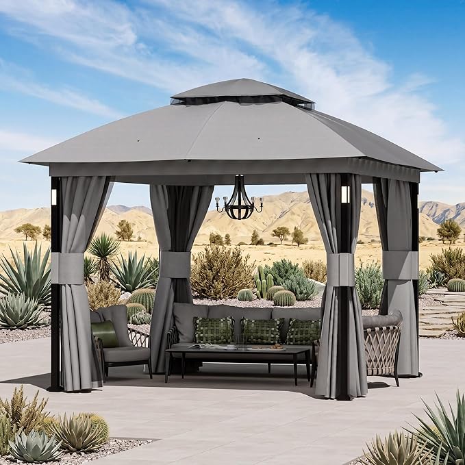 Covered Outdoor Patio Gazebo 10'x10' with LED Lights & Bluetooth Speaker, Heavy Duty Outdoor Canopy Shelter with Metal Frame, Double Roofs, Soft Top Gazebo with Netting and Curtains for Backyard, Gray