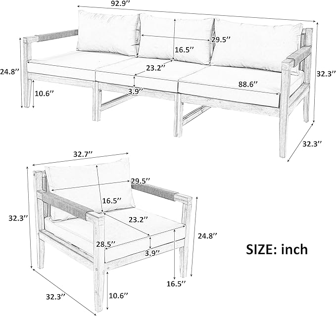 VilroCaz 3-Piece Patio Conversation Set, All Weather Sectional Sofa Set with Acacia Wood Frame and Woven Rope Accents, Outdoor Furniture Set with Cushions for Backyard Deck Poolside (Grey+Rope v)