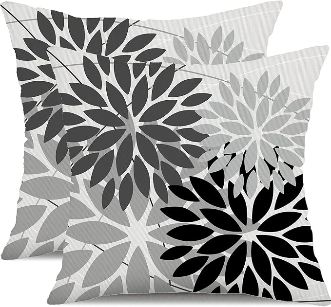 DFXSZ Pack of 2 Outdoor Waterproof Throw Pillow Covers 16x16 Grey Black | Polyester Colorful Spring Summer Floral Decorative Cushion Cases(NO INSERT),For Couch Patio Funiture Garden Home Decor