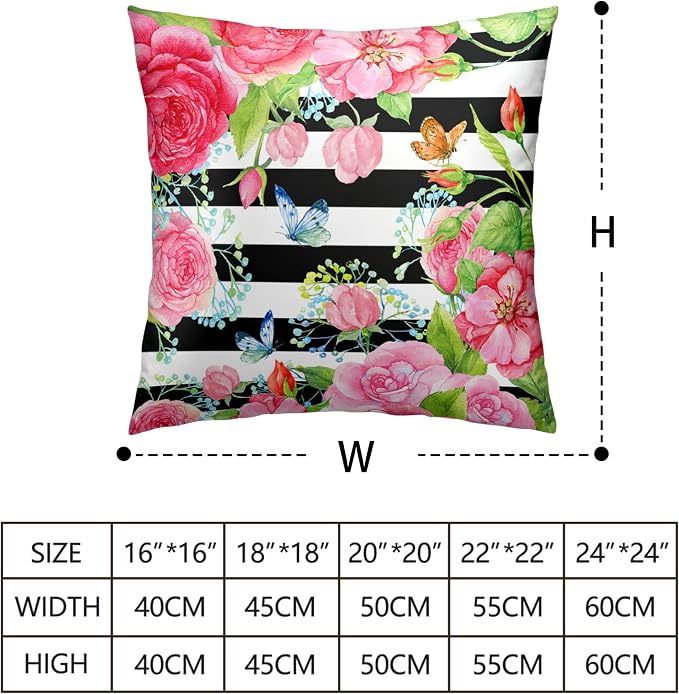 Spring Summer Pillow Covers 18x18 Set of 2 Rose Throw Pillow Covers Butterfly Flowers Pillow Case Black Stripes Cotton Blend Cushion Case for Home Decor Couch Sofa