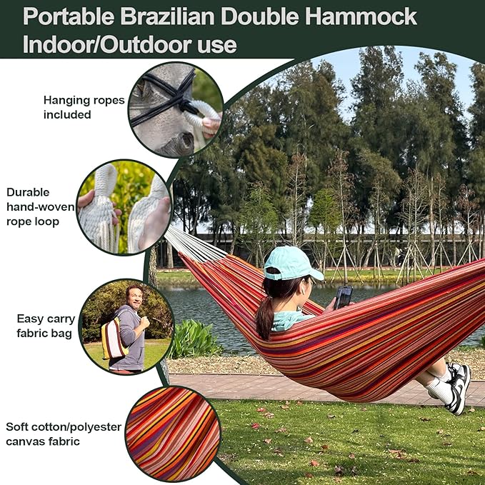 JoyView Brazilian Double Hammock with Hanging Ropes Extra Large 86.6x59” Portable Cotton Hammock for Patio Backyard Porch 450LBS Weight Capacity Perfect for Outdoor/Indoor - Green/Black Stripe