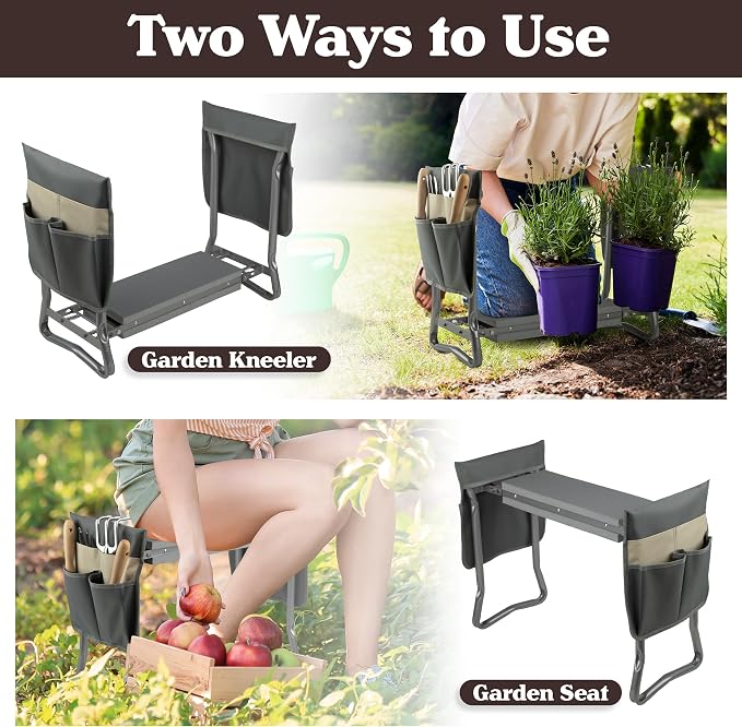 Pure Garden Garden Kneeler and Seat - Kneeling Pad Garden Stool with Tool Pouches - Gardening Gifts for Mom, Dad, Seniors, or Grandparents (Gray)