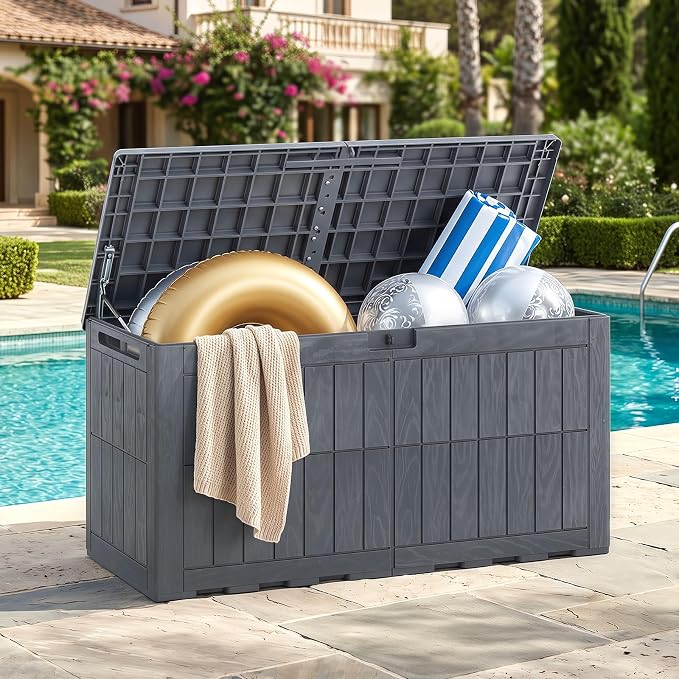HAPPYGRILL 100 Gal Outdoor Deck Box, Lockable Storage Bin with Lid and Handles, Waterproof and Sun-Protective Patio Bench and Storage Box for Garden Tools Pool Supplies (Gray, 100Gallon)