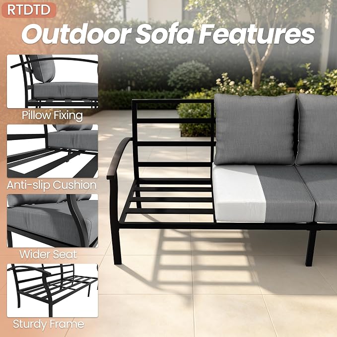 Metal Patio Furniture Set, 4 Piece Outdoor Sectional Conversation Sofa Set, 3-Seat Sofa w/2 Single Sofas and Coffee Table, Garden, Porch, Balcony, Deck, Grey