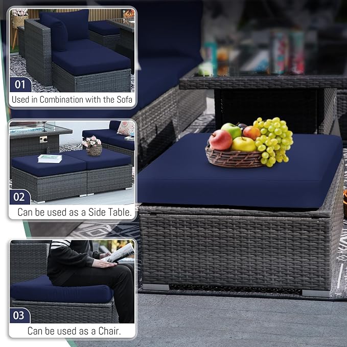 RADIATA 9 Piece Wicker Patio Furniture Set with Fire Pit, All-Weather Outdoor Sectional Couch High Back Large Size, Modular Backyard Seating Sofa Set with Propane/Natural Gas Firepit Table, Grey&Blue