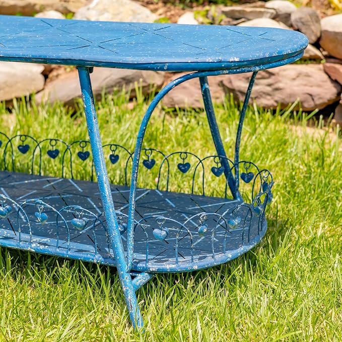Zaer Ltd. Vintage Style Metal Patio Furniture with Heart Design Accents, Outdoor/Indoor Decor (Vintage Blue, Coffee Table)