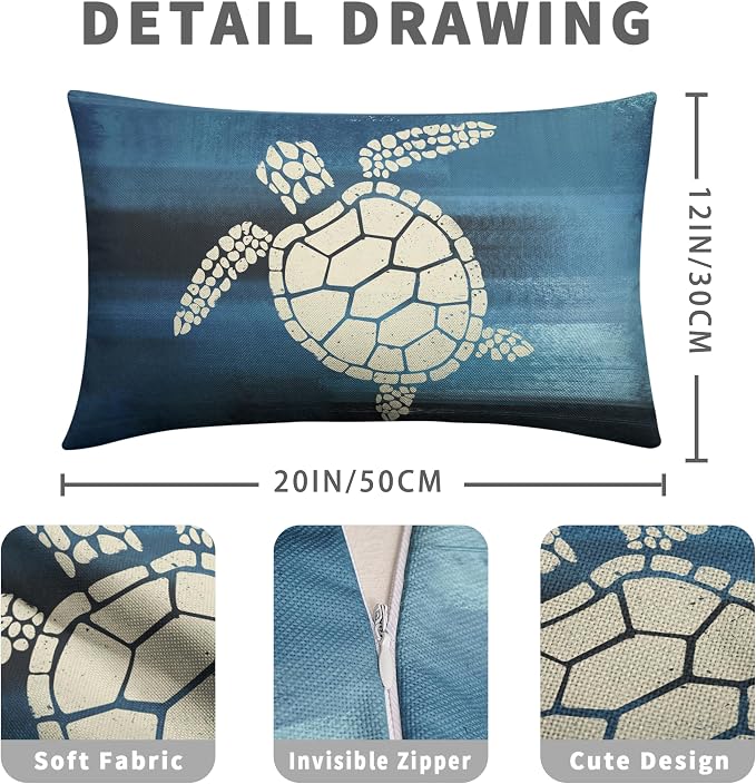 Starfish and Turtle Pillow Covers Sea Ocean Coastal Theme Rectangle Pillow Case 12x20 Beach Nautical Navy Blue Lumbar Throw Pillow Covers for Bedroom Living Room Sofa 2 Pack