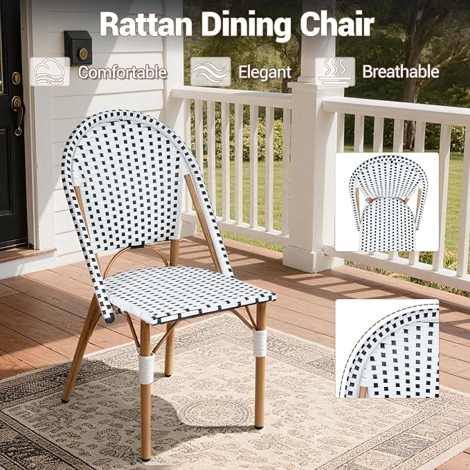 3-Piece Patio Dining Set, Outdoor French Country Bistro Table and Chairs, All-Weather Wicker Square Table & 2 Chairs w/Metal Frame, for Backyard Balcony, Black/White