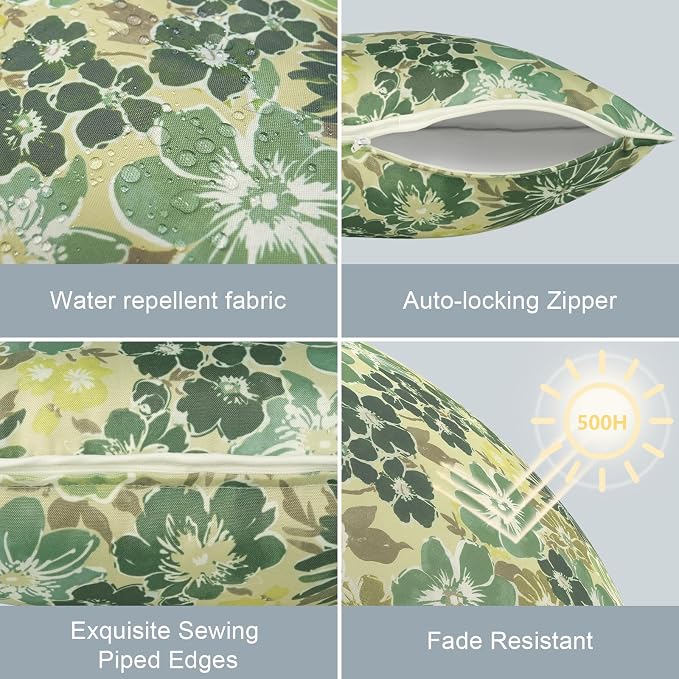 LVTXIII Outdoor Pillow Covers 16x16, Patio Waterproof Throw Pillow Cases Fade Resistant Accent Pillow Covers for Spring Summer Garden Decoration, Set of 2, Green Rose