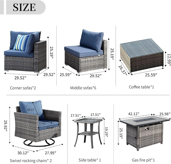 HOOOWOOO 13 Piece Patio Sectional Furniture Set with Fire Pit Table,Modern Wicker Outdoor Conversation Sofa Sets,All Weather Modular L Shaped Outside Couch Swivel Chair Set(Denime Blue)