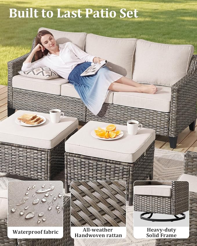 Outdoor Furniture Set of 6, Patio Sofa with Luxury 4" Cushion, Wicker Swivel Rocker Patio Chairs, and Fire Pit Table, High Back&Deep Seat for Garden Deck Porch Balcony Backyard - Beige