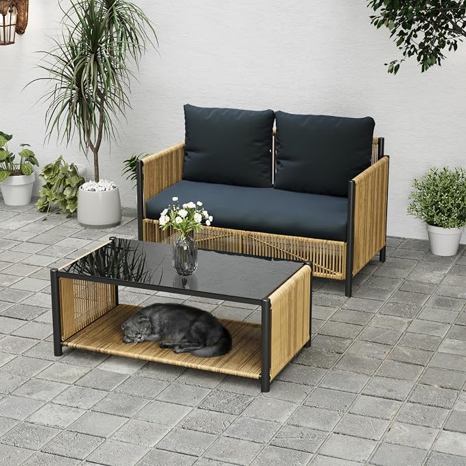 2 Pieces Aluminum Outdoor Patio Furniture Set - Loveseat & Dual-Layer Coffee Table - Rope Sectional Conversation Sofa Sets with Washable Thick Cushion for Garden, Backyard, Porch