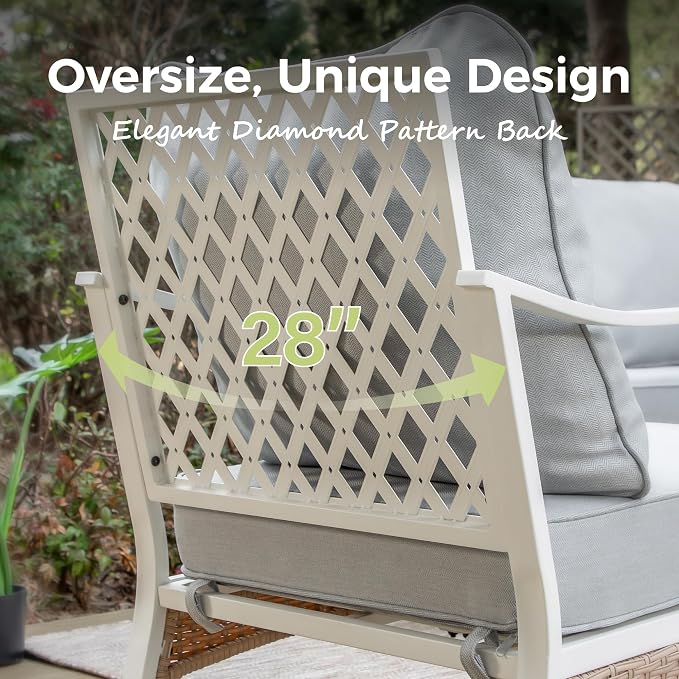 MIXPATIO 6 Piece Patio Furniture Set, 2 x Fixed Chair, 2 x Rocking Chair, 1 x 3-Seat Sofa with Marbling Coffee Table, 7 Seats Outdoor Conversation Set for Lawn Garden Backyard, Light Gray
