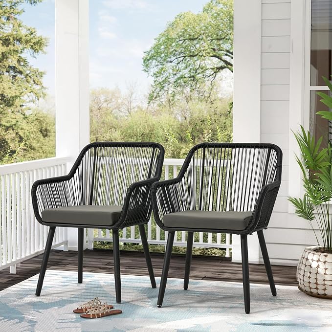 ECOTOUGE 5 Piece Patio Dining Set, Wicker Outdoor Furniture Set w/Glass Table, 4 PCS Chairs w/Waterproof Cushions for Backyard Garden Deck (Grey/Black, Round)
