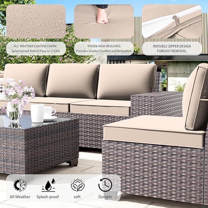 16 PCS Outdoor Patio Furniture Set,Outdoor Sectional Furniture with 45" 55000 BTU Gas Propane Fire Pit Table,All Weather PE Rattan Wicker Patio Conversation Set,Swivel Rocking Chairs Set,Sand
