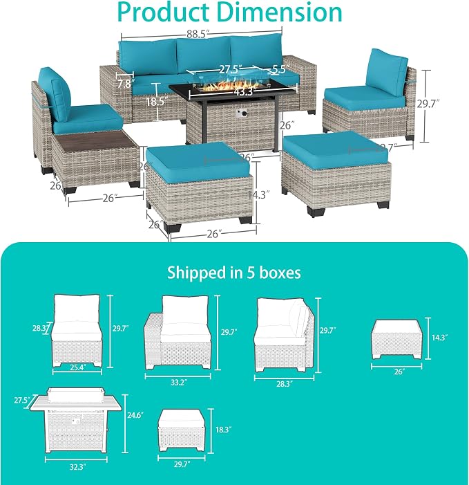 9-Piece Outdoor Patio Furniture Set with 55,000 BTU Fire Pit Table, PE Wicker Rattan Sectional Sofa Patio Conversation Set with Ottomans & Coffee Table, Turquoise