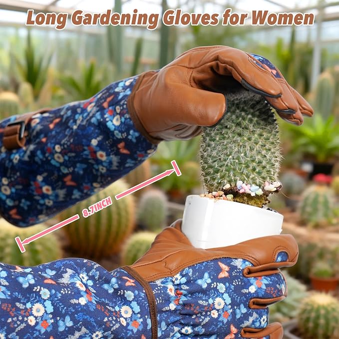 DLY Garden Gloves for Women,Gardening Gloves,Garden Gift for Lady,Brown,S | Thornproof Cowhide Palm, Foam-Padded Grip, Long Blue Floral Print Cuff, 3-Finger Touchscreen, Pruning, Planting & Yard Work