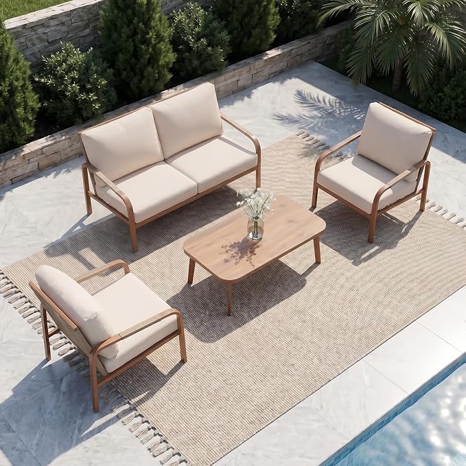 Aluminum Outdoor Patio Furniture Set,4-Piece Sectional Sofa with Coffee Table,Washable Thick Cushions,Modern Patio Conversation Set for Backyard,Garden,Porch,Balcony,Deck,Beige