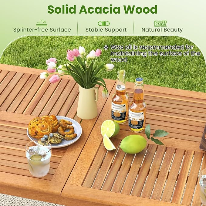 Tangkula 9 Pieces Patio Dining Table Set, Wood Rectangular Dining Table with 1.96” Umbrella Hole and 8 Chairs, Outdoor Dinner Furniture for Garden, Deck, Backyard