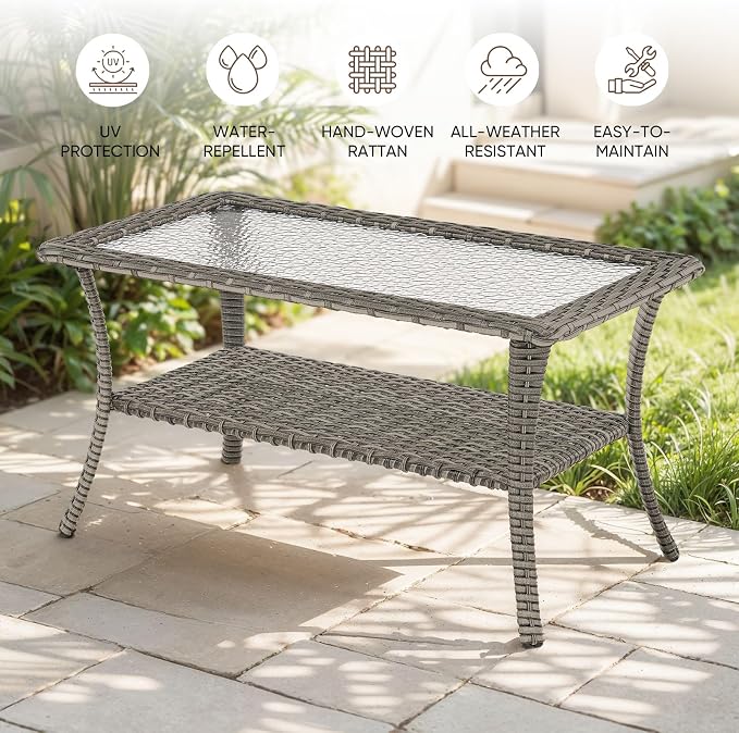 Patio Loveseat Glider Set, Resin Wicker Loveseat Glider with 4 Swivel Patio Chiars Coffee Table 2 Side Table, 8 Piece Patio Conversation Loveseat Set, Grey Wicker|Blue Cushions