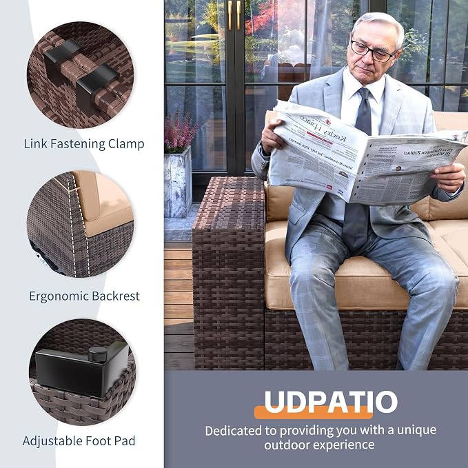 UDPATIO Patio Furniture Set with 44" Fire Pit, 8 Inch Armrest, Brown/Khaki