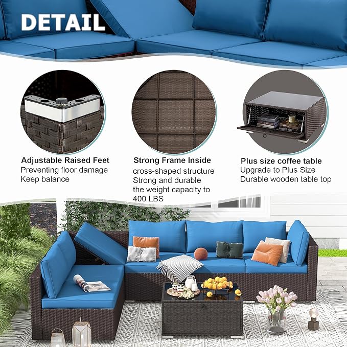 HOMREST 7 Piece Patio Furniture Set with Adjustable Bracket All-Weather Wicker Conversation Set with Coffee Table for Porch Garden Backyard (Blue)