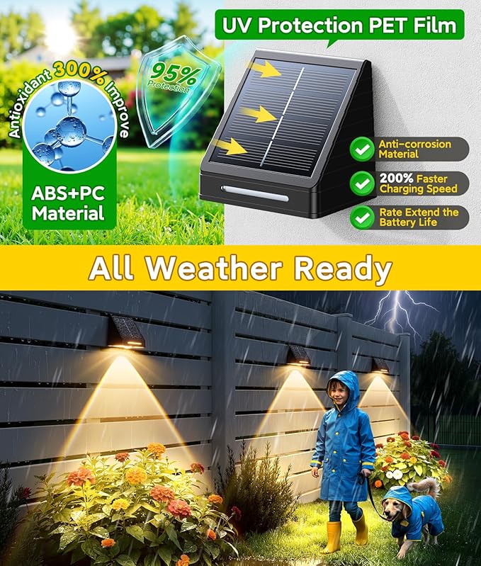 KOOPER Solar Fence Lights Outdoor Waterproof 4 Pack, Solar Fence Lights with Ultra-Bright LED Lens, 10 Modes & 9 Colors Outdoor Solar Lights for Fence, Backyard, Railing, Patio, Wall, Step, Deck