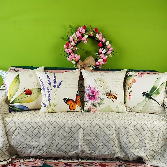 ONWAY Outdoor Garden Decoration Bee/Butterfly/Dragonfly/Ladybug Pillow Case Leaf/Lavender/Flower Decorative Throw Pillow Covers 18 x 18 Inches, Set of 4
