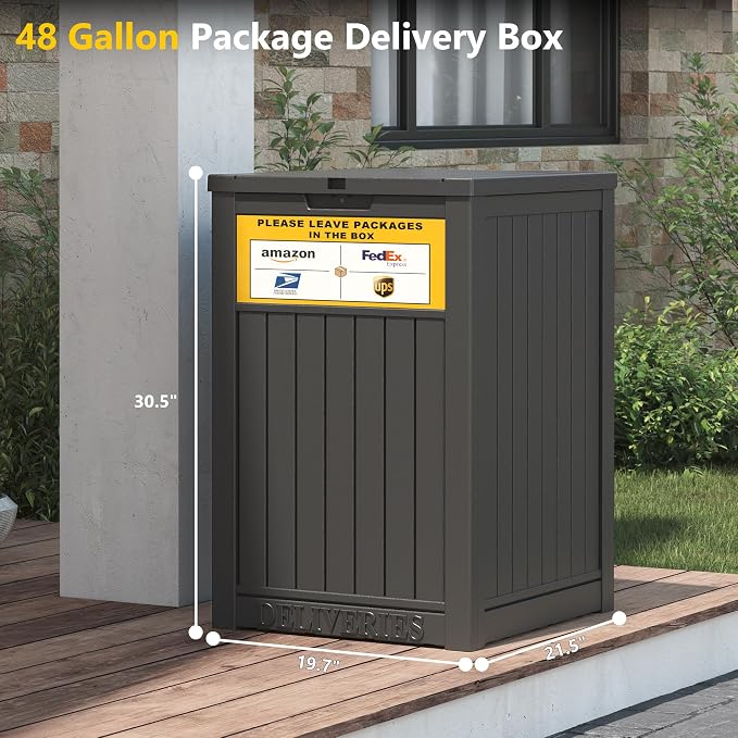 LHBGO Package Delivery Box for Outside, with Delivery Sign 48 Gallon Storage with Lockable Secure, Large Resin Outdoor Package Drop Container