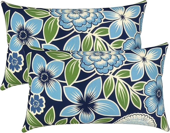 LVTXIII Set of 2 Patio Lumbar Pillows, 12" x 20" Fade Resistant Outdoor Lumbar Pillow with Inners, Fluffy Decorative Garden Lumbar Cushions for Home Patio Coach Sofa Use, Azure Botanical Symphony‌