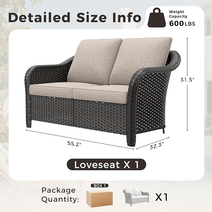 55" Outdoor Loveseat Wicker 2-seat Sofa with Removable Cushions, Conversation Patio Furniture, PE Rattan Couch, Steel Frame Couch with Cushions for Backyard, Deck (Beige)