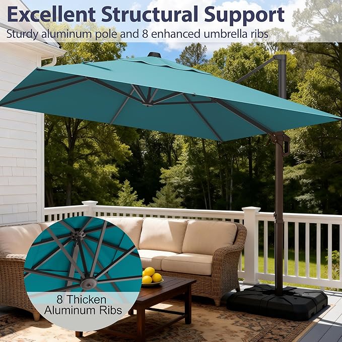 9' X 12' Cantilever Patio Umbrella Rectangle Outdoor Umbrella, 6-Level Tilt & 360° Rotation Offset Umbrella for Garden, Deck, Pool (Turquoise)
