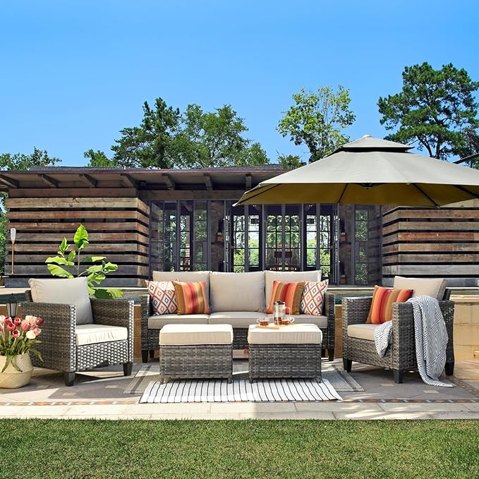 ovios 5 Pieces Patio Furniture Set, Outdoor Wicker Rattan Sofa Couch with Ottomans Comfy Cushions, Modern Conversation Set for Deck Backyard Porch, Beige