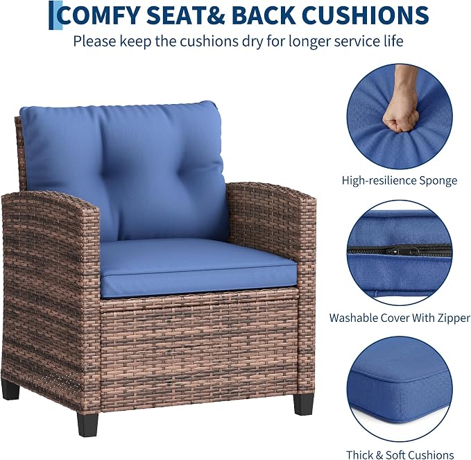 Garvee Outdoor Wicker Chairs,3 Pieces Patio Furniture Set,All Weather High Back Rattan Chairs w/Washable Cushion and Tempered Glass Tabletop for Deck Porch Balcony Backyard Garden,Brown & Blue
