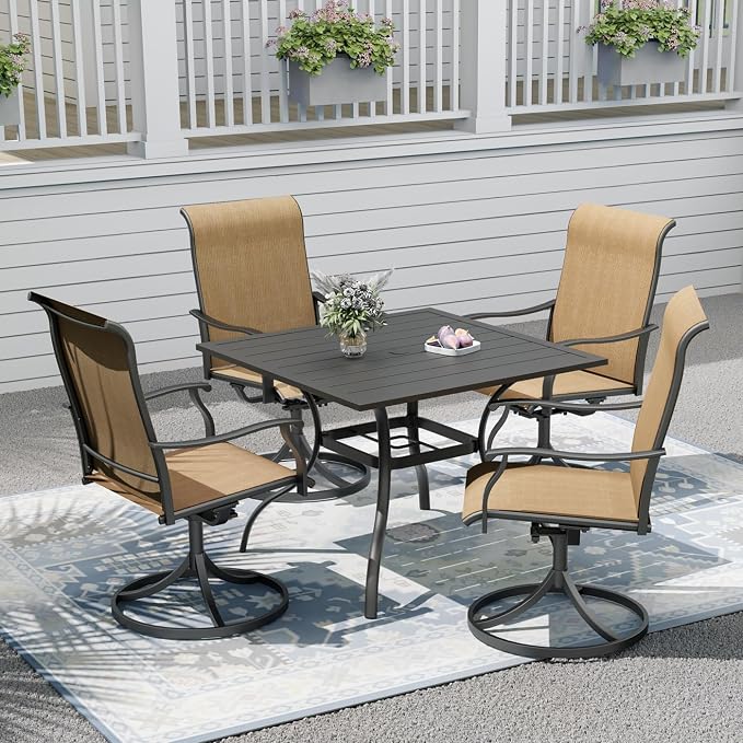Outdoor Patio Furniture Set, 4 Piece Swivel Patio Chairs and 35" x 35" x 28" Steel Dining Table Set with 1.6" Umbrella Hole, Suitable for All-Weather