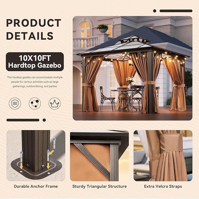 Aoxun 10'x10' Hardtop Gazebo, Outdoor Metal Gazebo with Double Polycarbonate Roof Canopy, Permanent Pavilion with Netting and Curtains for Lawn, Garden, Patio (Khaki)