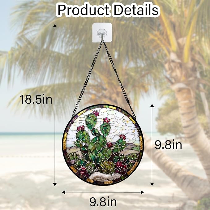 DASTOLL Stained Glass Window Hanging,Green Cactus Purple Flowers Suncatcher Diamond Glass Panel Sun Catchers Decor for Birthday for Women, Men, Wife, Aunt, and Mom 9.8 in
