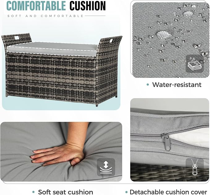 Crownland 80 Gallon Outdoor Storage Bench with Cushion, Outdoor Wicker Storage Box, Patio Deck Box with Seat, for Garden, Balcony, Poolside (Grey)