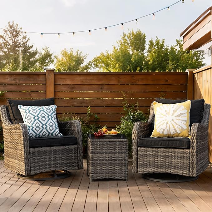 MEISSALIVVE 3 Pieces Patio Furniture Set with Swivel Chair, Outdoor Swivel Rocker with Washable Cushions & Tempered Glass Tabletop, Outdoor Rattan Conversation Set for Lawn Backyard Porch (Black)