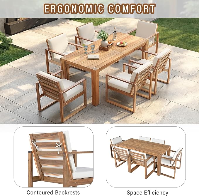 Rustic 7 Piece Patio Table and Chairs Set, Outdoor Dining Set for 6 with Umbrella Hole and Removable Cushion,for Garden Backyard Lawn Poolside (Light Teak#X)