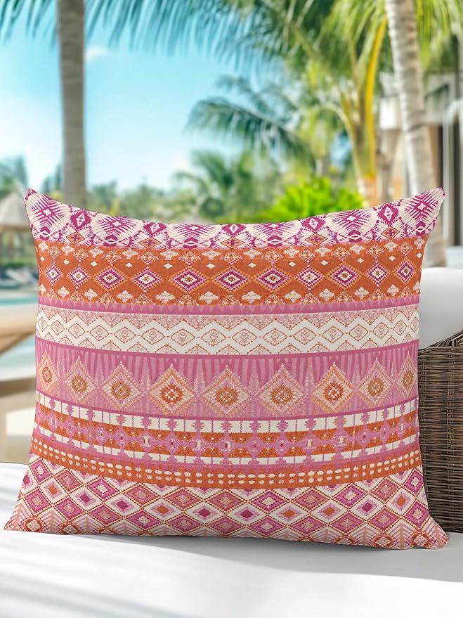 Waterproof Outdoor Pillow 1 Pack Red Bohemian Decorative Throw Pillows Cover & Insert 16x16 Inch Pillowcase Boho Style Floral Leaves Geometric Pillows for Couch Sofa Bed Patio Furniture Indoor Outdoor