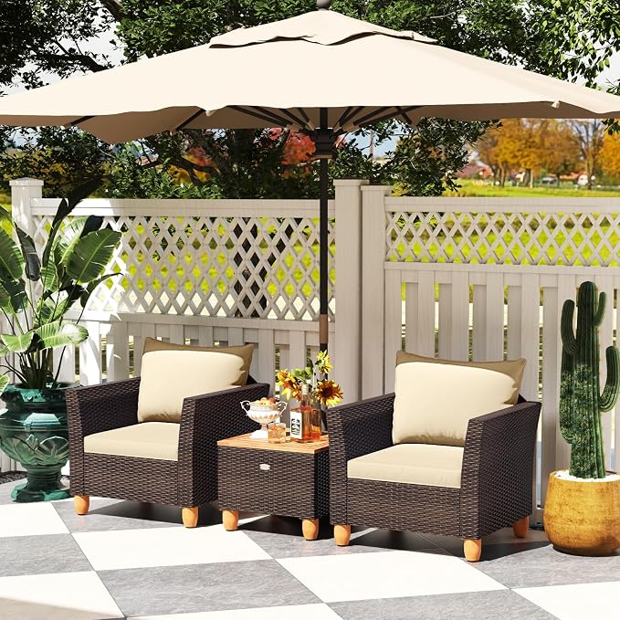 Tangkula 3 Piece Patio Furniture Set, Patiojoy Outdoor PE Wicker Bistro Set with Soft Cushions and Solid Acacia Wood, Outdoor Conversation Set with Porch, Balcony and Garden