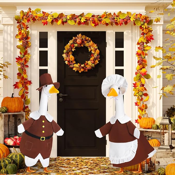 2 Set Thanksgiving Goose Outfit Pilgrim Couple Costume Autumn Lawn Porch Goose Cloths Plastic Goose Clothing Fall Thanksgiving Goose Outfit for 23" Goose Outdoor Patio Yard Lawn Art