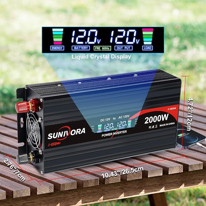 2000 Watt Power Inverter 12V DC to 110V/120V AC Converter 4000W Peak with LCD Display, 3 AC Outlets & 2 USB Ports Power Inverters for Vehicles Car Truck Boat RV Camping Solar System EPS